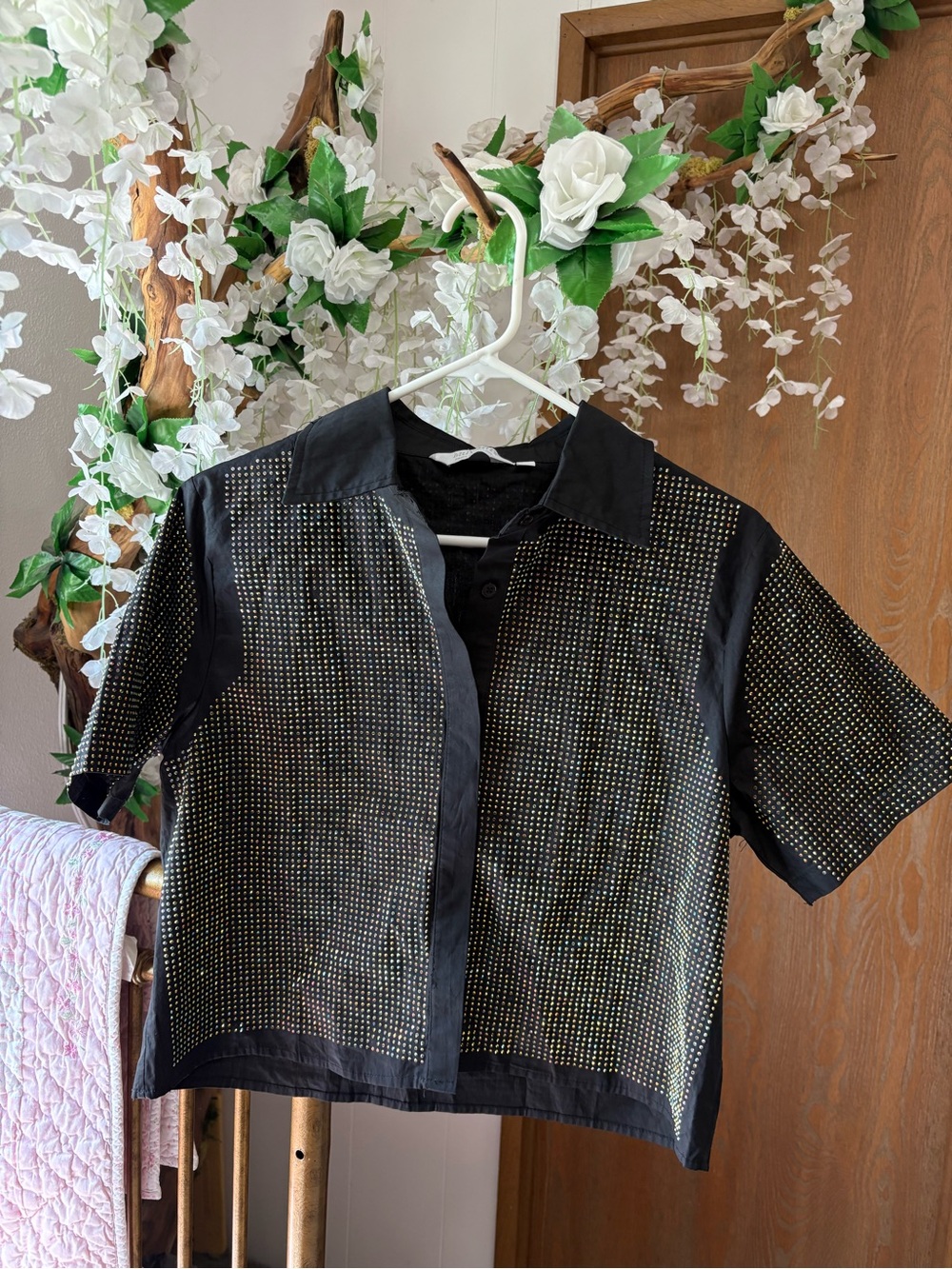 Black Short Sleeve Button Front Top with Gold Stud Detailing